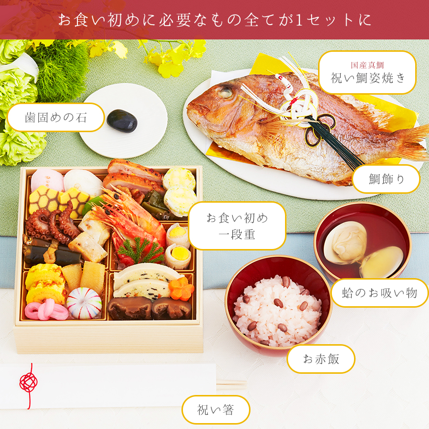 日本料理神谷監修お食い初め膳 祝い鯛姿焼きコース 1段重 食器セット ご自宅で簡単にお食い初めができるお食い初めセットや食器の宅配通販 お祝い膳 Com