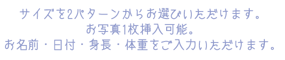 サイズを2パターンからお選びいただけます。お写真1枚挿入可能。お名前・日付・身長・体重をご入力いただけます。