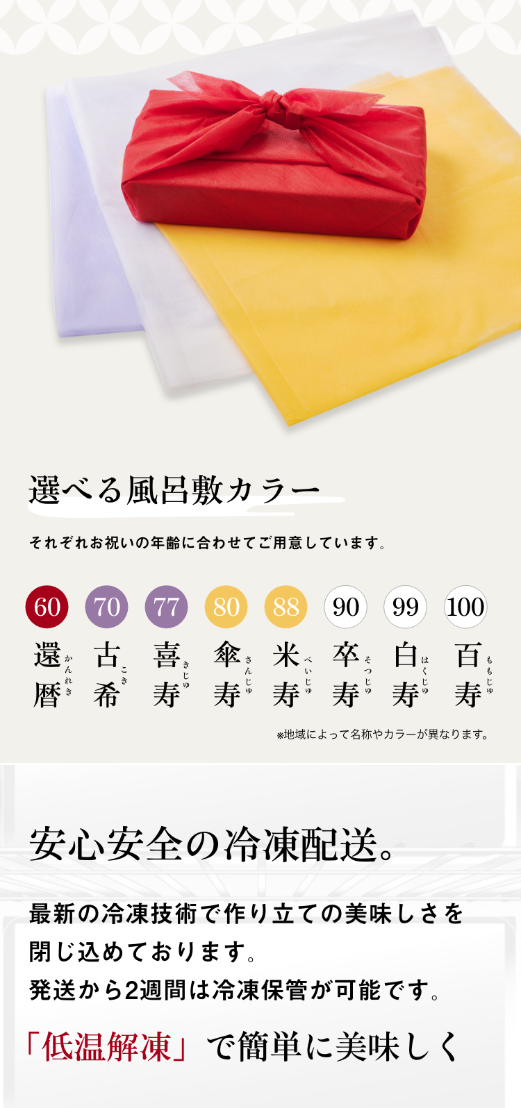 選べる風呂敷カラー/安心安全の冷凍配送。