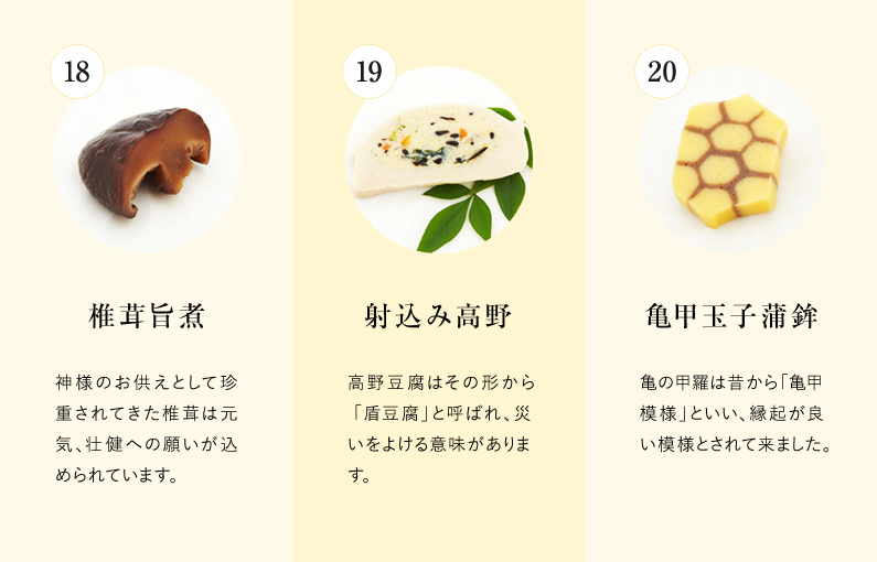 椎茸旨煮 射込み高野 亀甲玉子蒲鉾