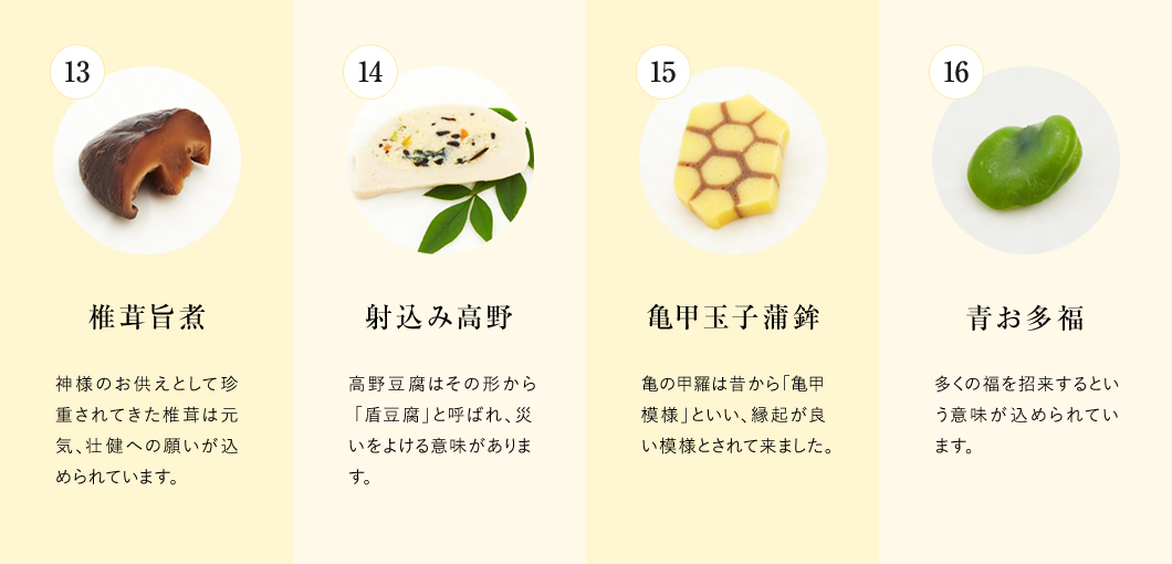 椎茸旨煮　射込み高野　亀甲玉子蒲鉾　青お多福