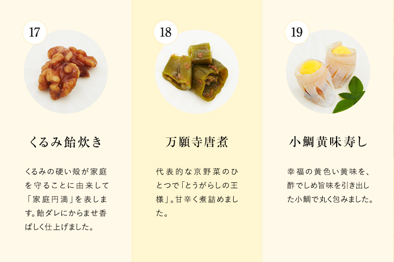 くるみ飴炊き　万願寺唐煮　小鯛黄味寿し