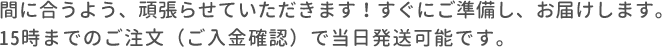 間に合うよう、頑張らせていただきます！すぐにご準備し、お届けします。15時までのご注文（ご入金確認）で当日発送可能です。